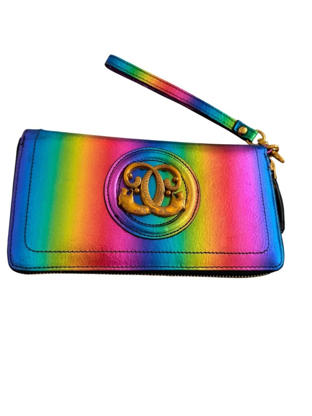 Sharif 1827 Womens Rainbow Holographic Zippered Leather Wristlet Wallet Strap